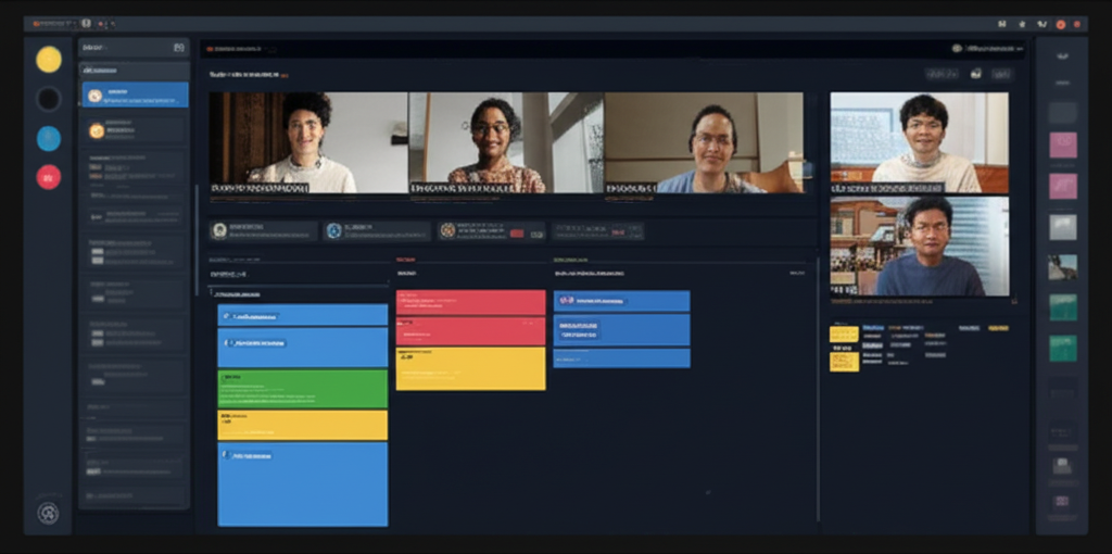 Remote team collaboration showing video calls, digital workspace, and team connectivity
